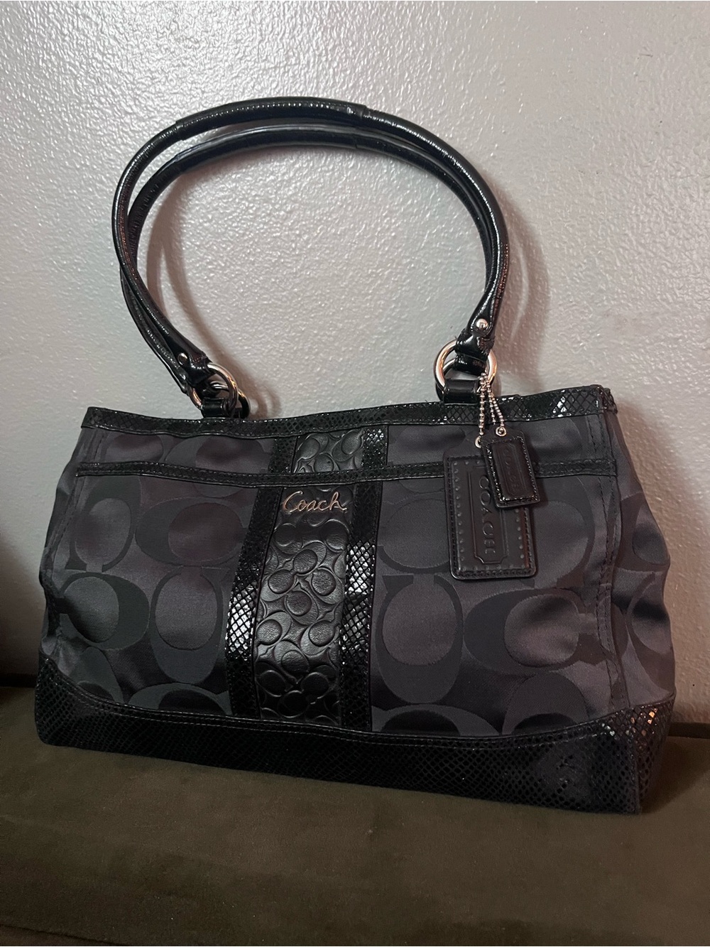 Coach Black Signature stripe Shoulder Tote